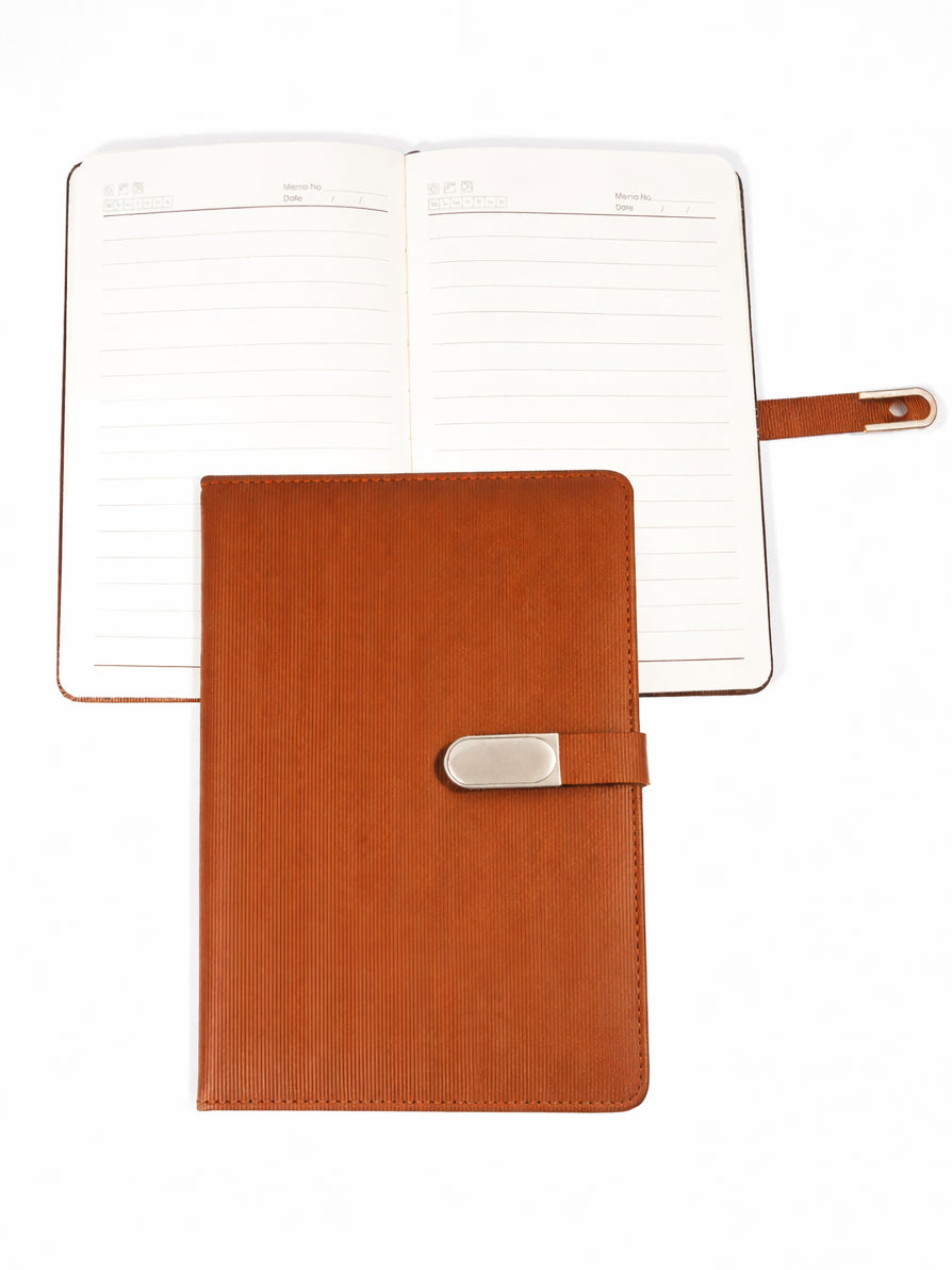 Brown planner with a white cover on a white background