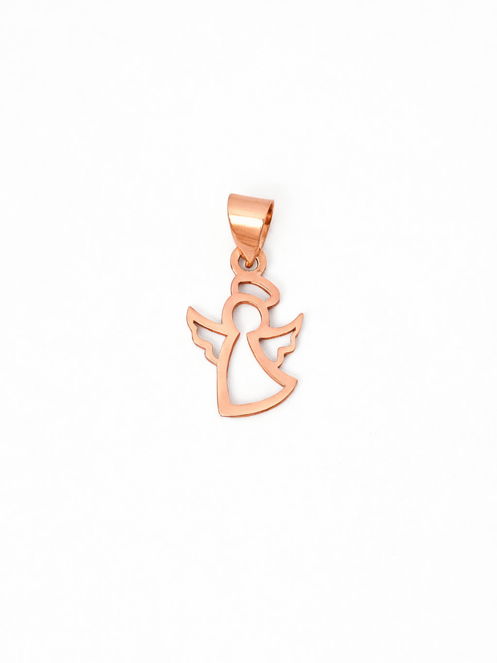 Rose gold angel pendant on a white background