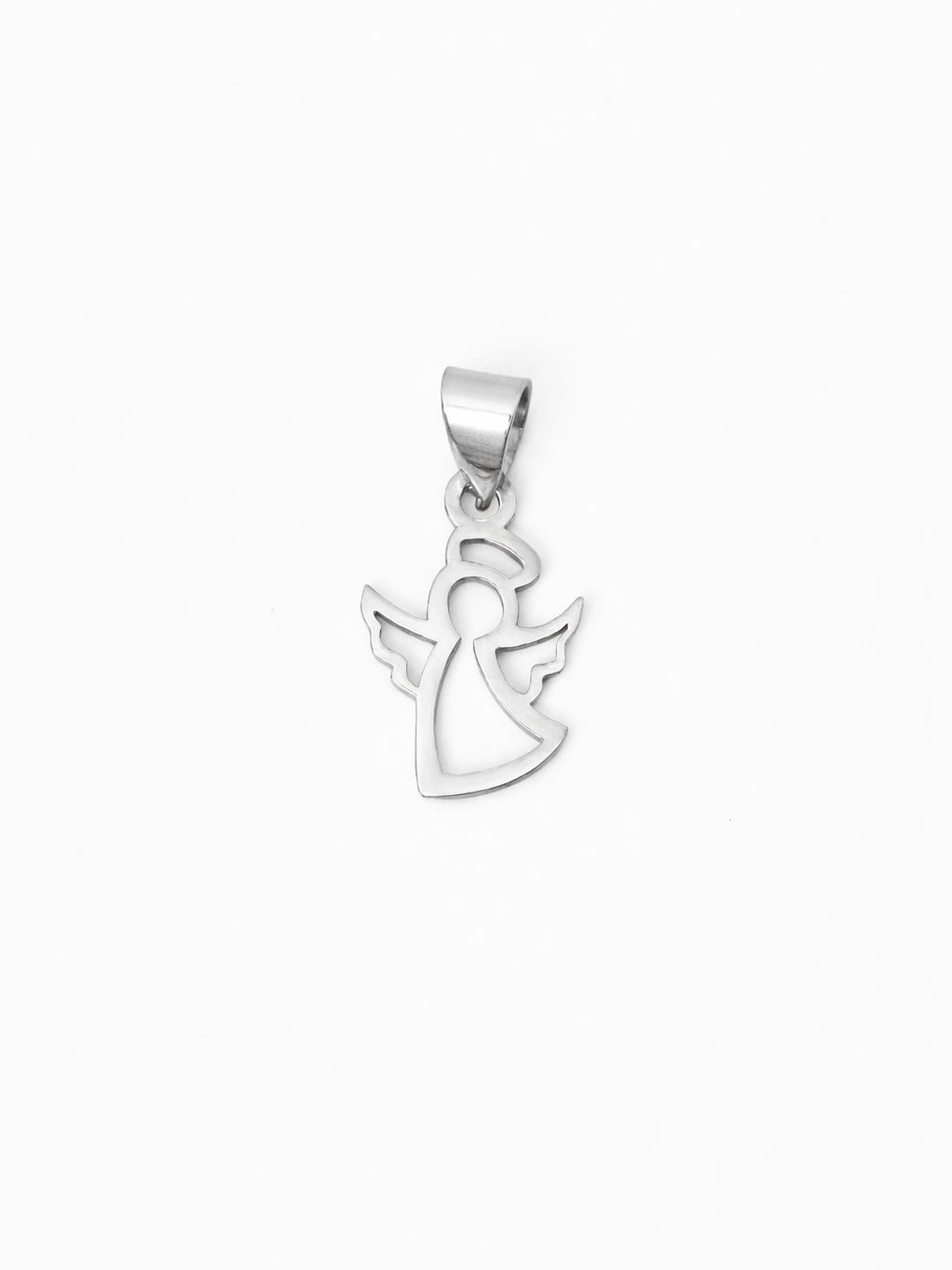 Silver angel pendant on a white background