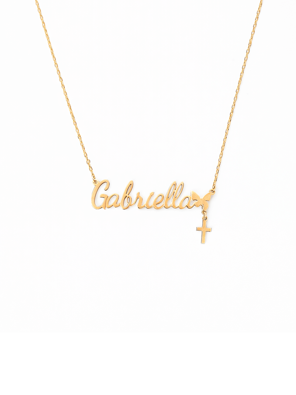 Gold necklace with 'Gabriella' and a cross pendant on a white background