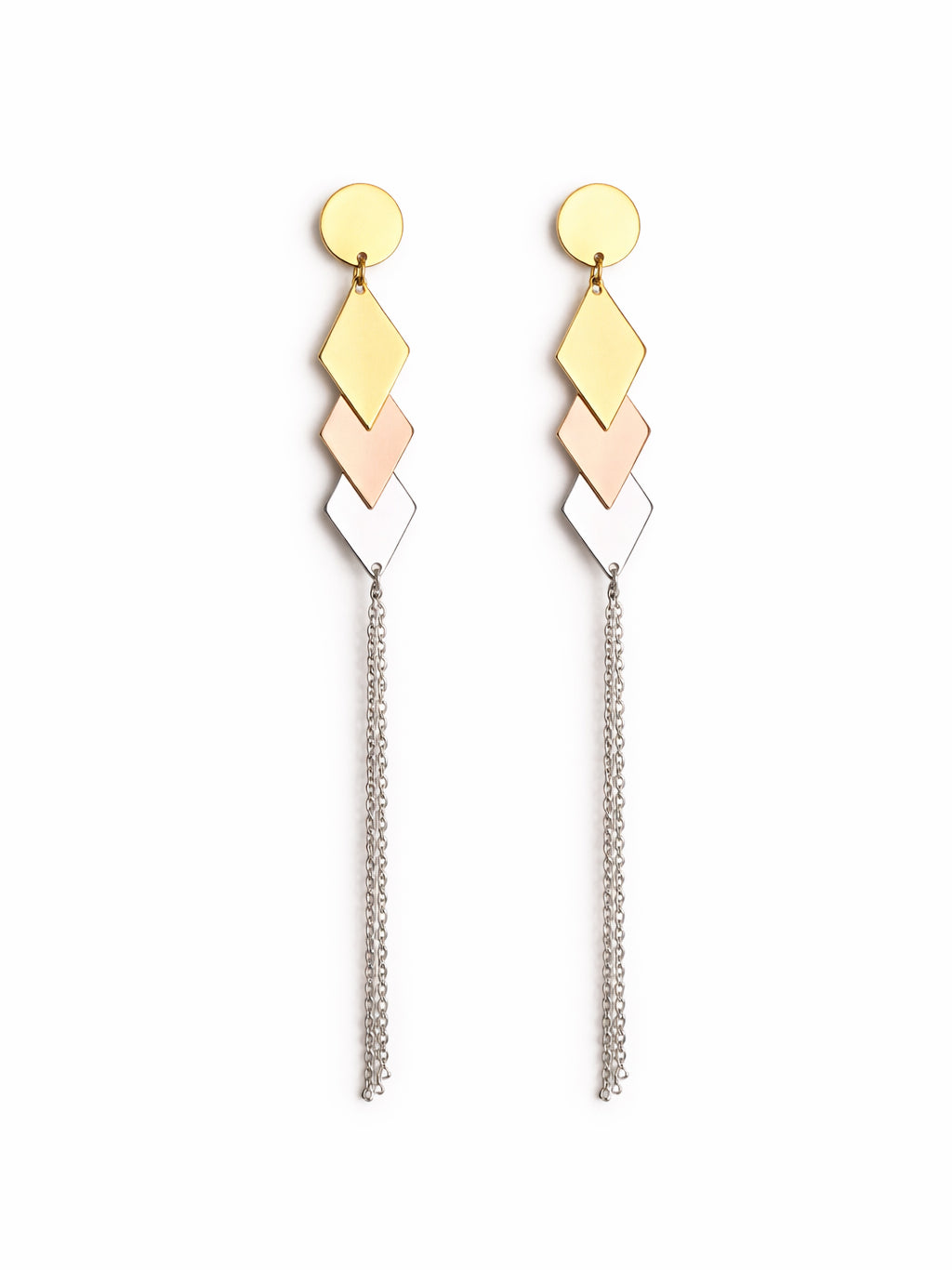 Pair of geometric earrings with colorful diamond-shaped tops on a white background