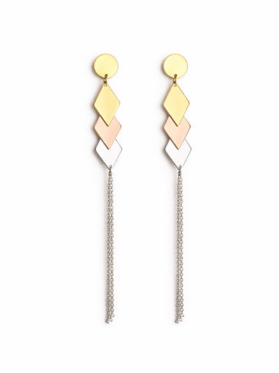 Pair of geometric earrings with colorful diamond-shaped tops on a white background