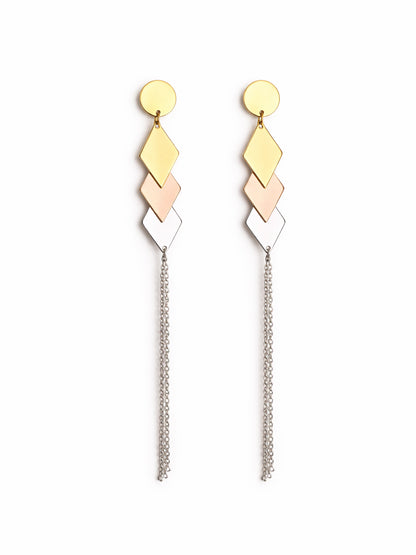 Pair of geometric earrings with colorful diamond-shaped tops on a white background