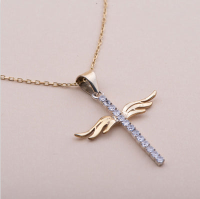 Cross Pendant Zircon Stones & Wings
